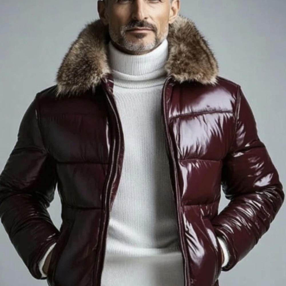 Men's Maroon Puffer Jacket with Faux Fur Collar